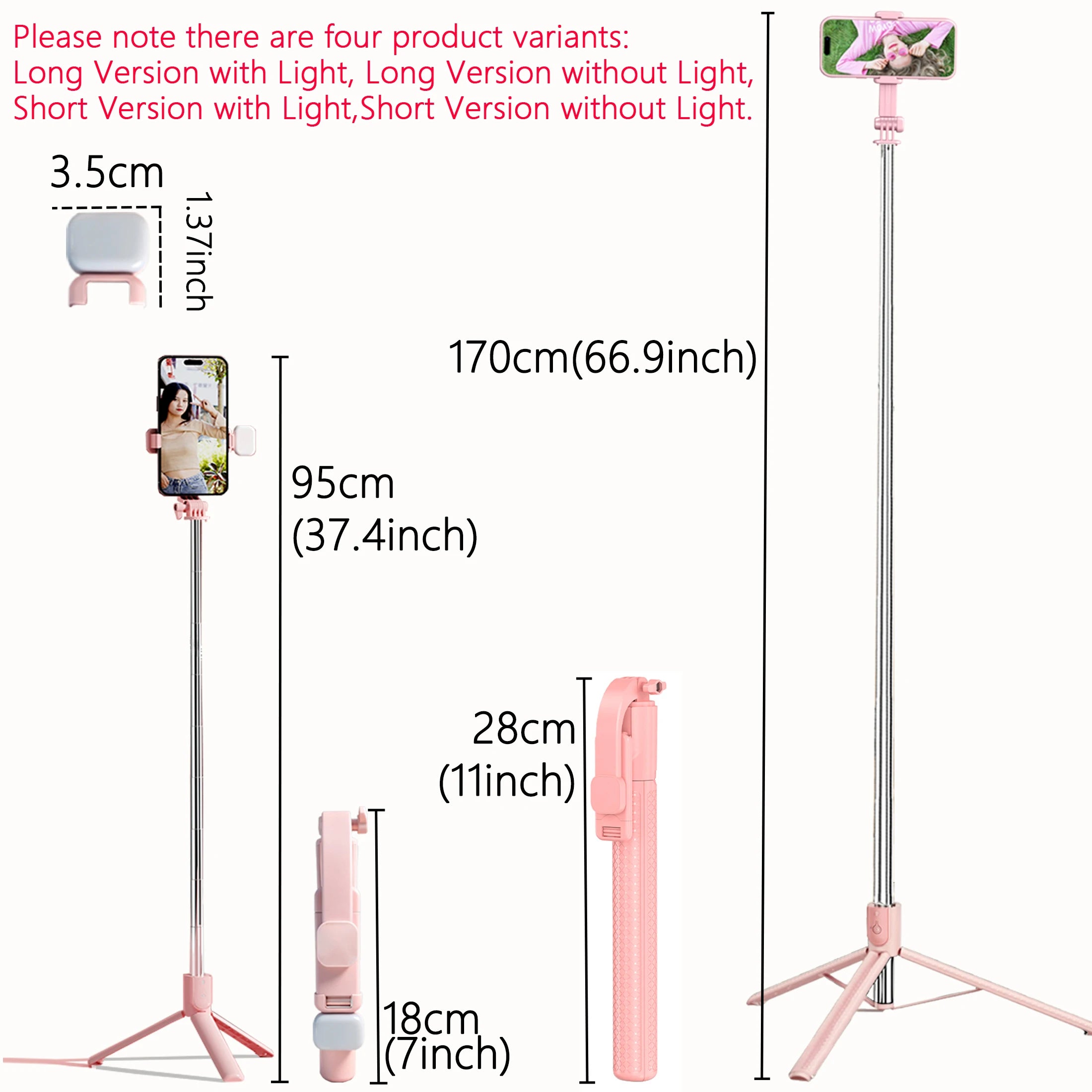 Extendable Aluminum Selfie Stick Tripod, Fill Light & Bluetooth-compatible Remote, Compatible with iPhone/android, for Travel